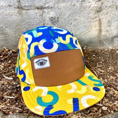 Handmade Brushstroke Print 5 Panel Camp Hat in Yellow and Blue , Baseball Cap, five panel hat, Snap Back, 5panel hat, gift for them 