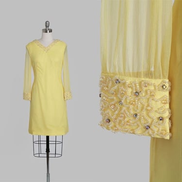 Canary yellow silk dress | Vintage 70s yellow silk beaded rhinestone mini dress 