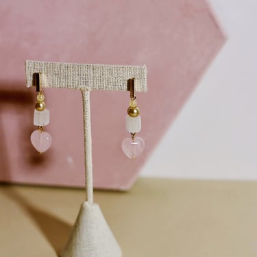 Dainty Gold Dangle Earrings / Rose Quartz Heart / Romantic Valentine's Vintage Style Charm Jewelry 