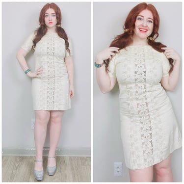 1960s Vintage Cotton Embroidered Shift Dress / 60s / Sixties Floral Mod Wiggle Dress / Large 