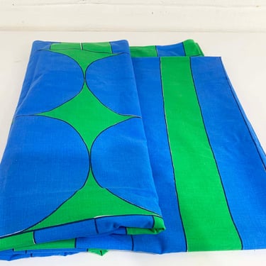 Vintage Burlington VERA Neumann Dot Stripes Cabana Twin Flat Sheet Mod Bedding Blue Green 1970s 