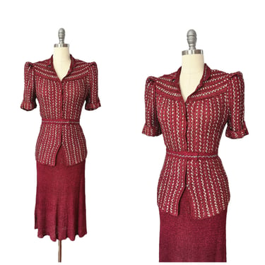 40s Burgundy Red Ribbon Knit Dress / 1940s Vintage Sweater Blouse, Skirt and Belt Set / Medium 