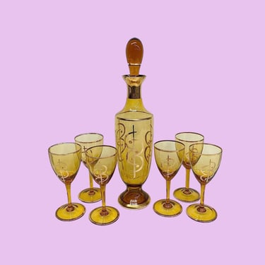 Vintage Decanter and Glass Set Retro 1960s Mid Century Modern + Amber Glass + Gilt Gold Details + 8 Piece Set + MCM Barware + Drink Serving 