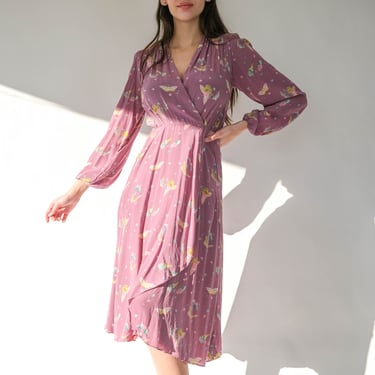 Vintage 70s HANAE MORI for HARRODS French Lilac Silk Wrap Dress w/ Butterfly Print | Made in France | 100% Silk | 1970s Designer Silk Dress 