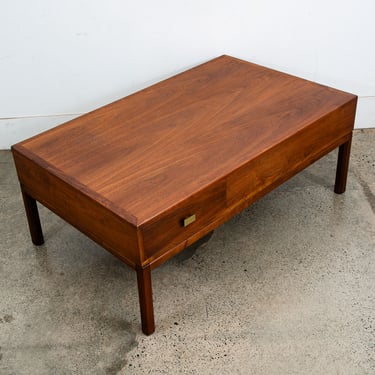Mid Century Modern Coffee table Two Drawers Storage Walnut Door Restored Brass