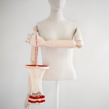 Vintage Red and Cream Crochet Basket Bag 