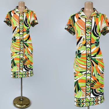 VINTAGE 70s Mr. Dino Bold Psychedelic Print Mini Dress Sz 12 | 1960s Colorful Designer Signature Print Sheath Dress | VFG 