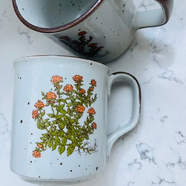 Set of 3 Vintage Brown Speckled Orange Flowers Coffee or Tea Mugs -Boho Style Circa 1970s by LeChalet