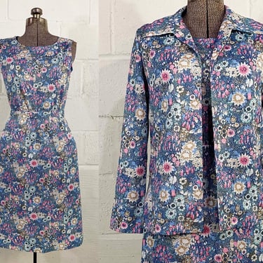 Vintage Floral Outfit Sleeveless Top Skirt Jacket Set Blue Purple Separates Secretary Outfit 1980s 80s Small Medium 
