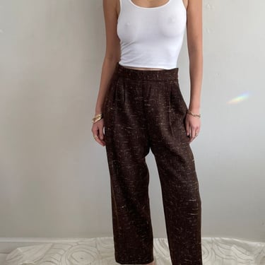 Vintage 90s Tweed Wide Leg Pleated Pants - Brown 