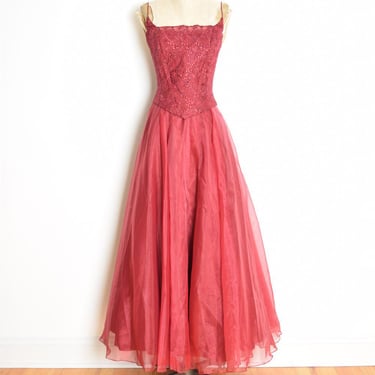 vintage 90s prom dress burgundy red organza crochet corset lacing long gown M clothing 