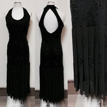 1990s Long Black Fitted Sexy Beaded Mermaid Style Dress w Sheer Accordion Skirt by CDC Size M-L | Vintage, Cocktail, Formal, Wedding 