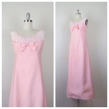 Vintage 1960s Emma Domb dress, formal, maxi, party, pink, chiffon, mod, sheath 