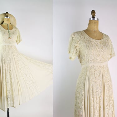 80s Lace Ivory Full Skirt Maxi Dress / Boho Dress / Bohemian / 70s dress / Size M/L 