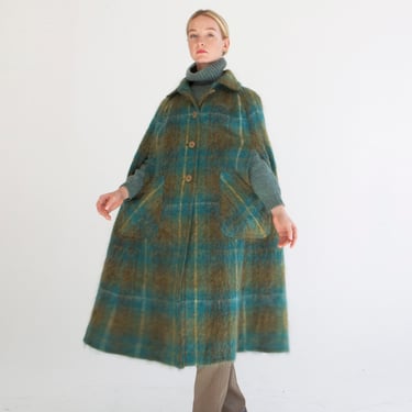 vintage woven mustard green plaid mohair cape / XS / S  / M 