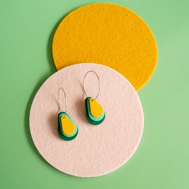 Elixer Drops Hoops in Green / Mustard - layered Teardrop Leather Earrings 