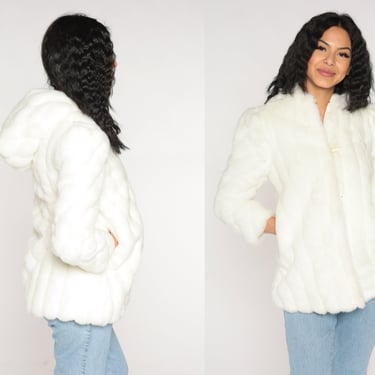 Faux Fur Jacket 90s White Hooded Coat Fake Fur Hoodie Jacket 80s Glam Bohemian Party Hood Vegan Winter Rave Vintage 1990s Petite 2xs xxs 