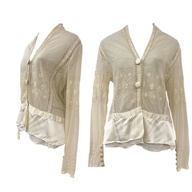 Vtg Vintage Antique 1920s 20s Cotton Tulle Lace Sheer Ivory Long Sleeve Blouse 