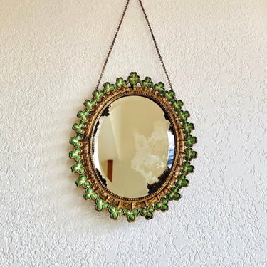 antique shamrock mirror oval green and gold clover metal frame 