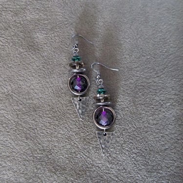 Hammered gunmetal and purple crystal earrings 
