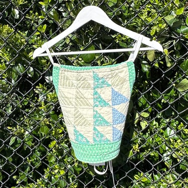 Vintage quilt halter top, green & blue triangle