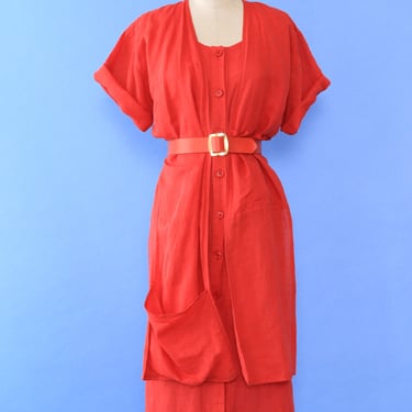 Tomato Red Linen Pocket Dress/Duster XS-M