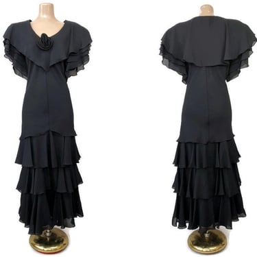 VINTAGE 80s Gothic Black Ruffled Romantic Drop Waist Dress by After Dark XL 1X | 1980s 20s Style Plus Size Flapper Party Dress VFG 