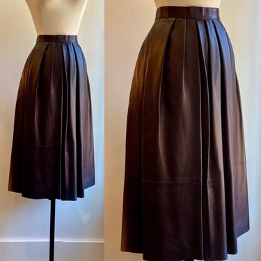 Vintage 70s 80s LEATHER Skirt / High  Waist + FULL Pleated Midi Length + POCKETS / Plum Burgundy / Anne Klein 