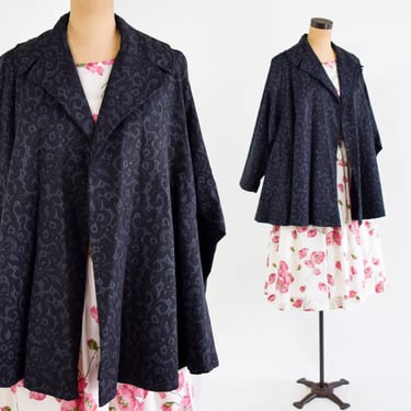 1950s Black Floral Short Swing Coat | 50s Black & Gray Lace Pattern Evening Coat | Large 