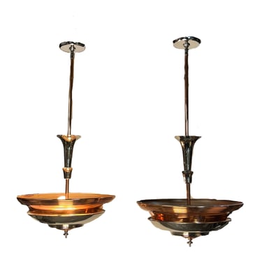 Pair Matching Streamline Art Deco Polished Nickel and Copper Uplight Bowl Pendants #2355   FREE SHIPPING, Restored and Ready to Install 