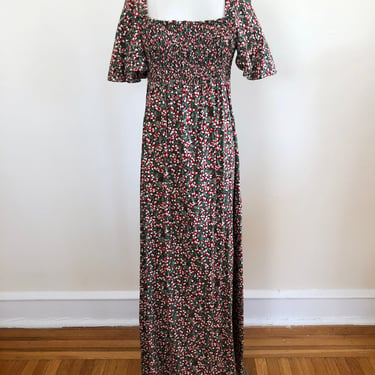 Floral Print Cotton Maxi-Dress with Smocked Bodice - 1970s 