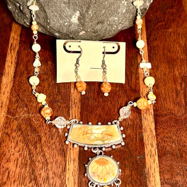 Jewelry Set Pressed Flowers Mother Of Pearl Necklace Earrings Retro Hippie Boho Gift 