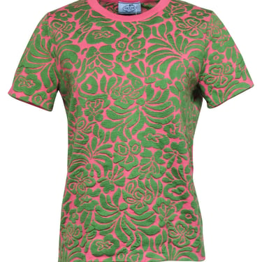 Prada - Pink &amp; Green Knit Palm Print Short Sleeve Top Sz 8