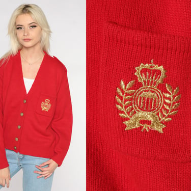 Red Cardigan 80s 90s Button Up Knit Sweater Gold Embroidered Crest Shoulder Epaulettes Preppy Collegiate Vintage Plain Retro Geek Medium M 