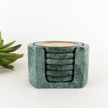 Vintage Green Stone Coaster Set, 6 Coasters in Matching Caddy Holder 