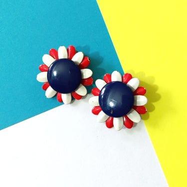 Mod Vintage Red, White & Navy Blue Metal Flower Clip-On Earrings 