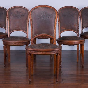 Antique French Louis XVI Style Oak  Dining Chairs W/ Tooled Leather - Set of 6 