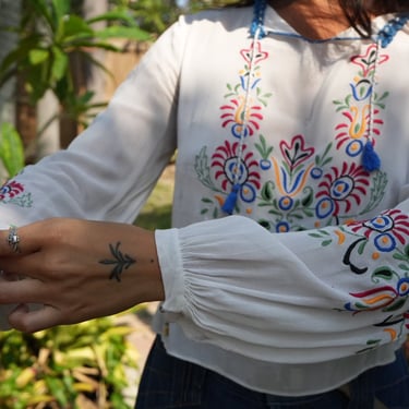 1940's Hungarian Blouse / Embroidered Colorful Threading / Semi Sheer Hippie Blouse / Penny Lane Blouse / Rayon Blouse 