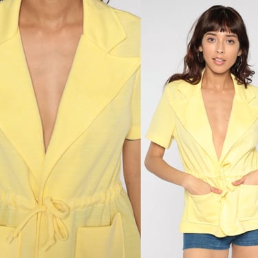 60s Yellow Top Tie Front Blouse Collared Shirt Deep V Neck Oversized Notched Collar Boho Short Sleeve Retro Mod Vintage 1960s Medium 