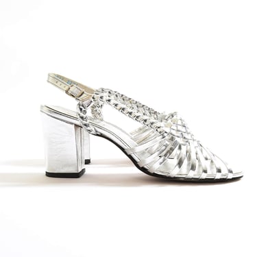 Vintage 60s 70s metallic silver heels | Deadstock silver leather heels 8 1/2B 