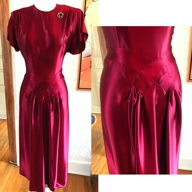Exquisite 1940's "Liquid Silk Satin" deep burgundy Red  Cocktail Party Dress Size - Medium 