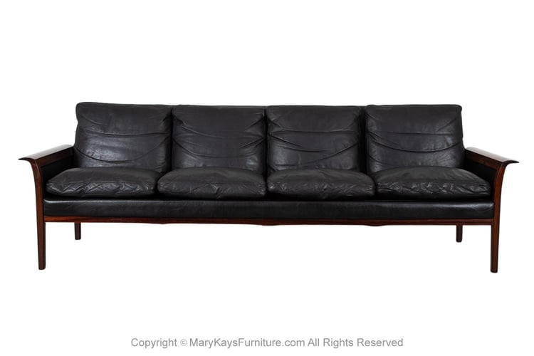 Mid-Century Danish Modern Rosewood Hans Olsen Sofa Couch Black Leather Cushions 