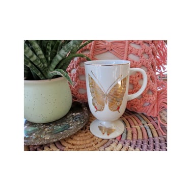 Vintage Butterfly Coffee Cup - 60s 70s Pedestal Mug with Handle - MCM Made in Japan - Gold Butterflies 