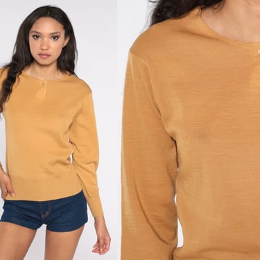 Camel Henley Sweater 70s 80s Sweater Wool Blend Sweater Acrylic Pullover Jumper Sweater Vintage Normcore Plain Button Neck 1980s Small 