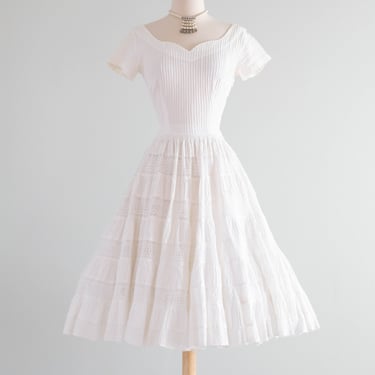 Stunning 1950's Tachi Castillo White Cotton Pleated Party Dress / M