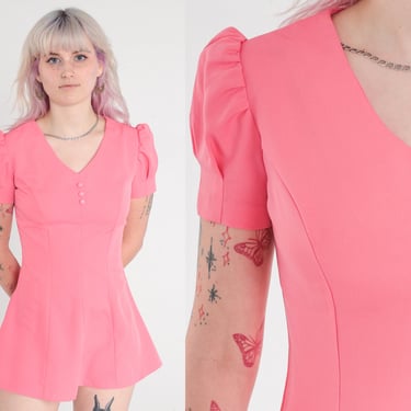 Mod Blouse 60s Top Micro Mini Dress Bubble Gum Pink Shirt 70s Puff Sleeve Flared Top Vintage 1960s Short sleeve Shift Extra Small xs 
