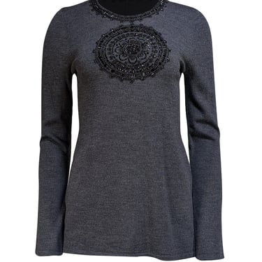 Tory Burch - Dark Grey Wool Sweater w/ Beaded Mandala Sz M