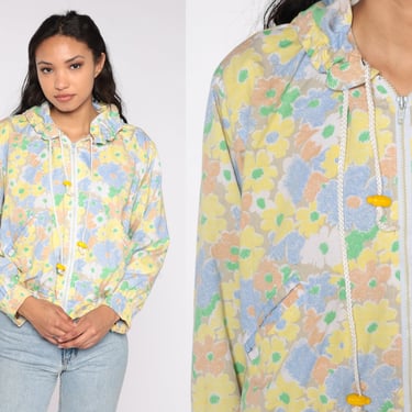 Floral Hooded Jacket 80s 90s Pastel Windbreaker Hoodie Retro Zip Up Bomber Flower Print Boho Vintage 1980s Spring Jacket Lightweight Medium 