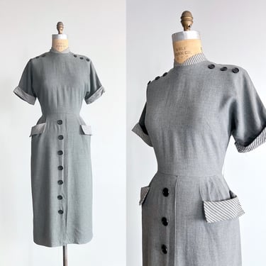 Lauren gray wool crepe 1940s dress, grey 40s dress, wool dress, 1950s dress, pinup, stripes, 