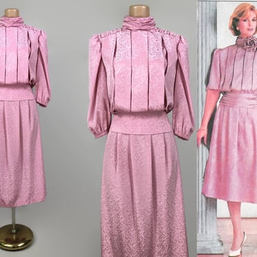 VINTAGE 80s Pink Floral Satin Skirt and Balloon Sleeve Blouse Set David Warren | 1980s 2 Pc Dress Suit | New Wave Pleated Ruching | vfg 